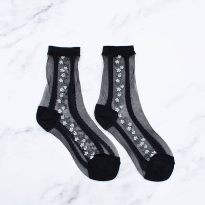 Women's Daisy Floral Mesh Socks: Black
