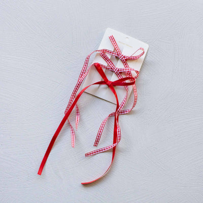 Long Mini Check Pattern Bow Hair Pin Set: Red