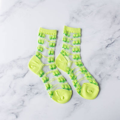 Women's Floral With Stripe Mesh Fashion Socks: Lime